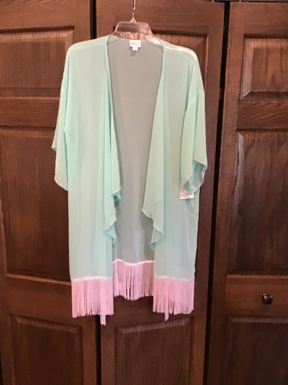 LuLaRoe Monroe Cover-up. NWT Size Large. Teal color with light pink fringe